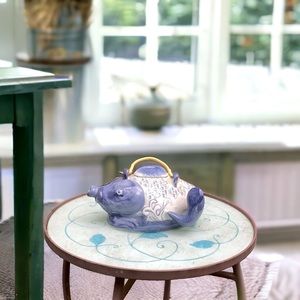 Tea Pot Chinese Koi Fish Blue and White With Handle and Lid